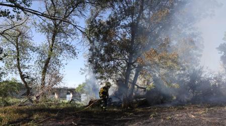 Un bombero trabaja en la extinción del fuego iniciado este martes en la desembocadura del río Mediavilla, en Tudela