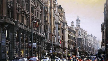 Amanecer en la Gran Vía de Madrid, una de las obras que presenta Raúl Gil en la exposición
