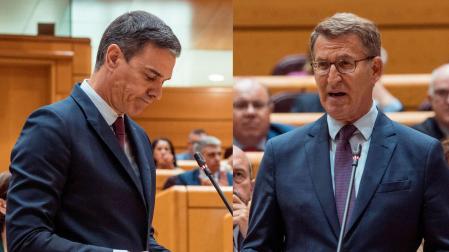 Pedro Sánchez y Alberto Núñez Feijóo durante el pleno del Senado