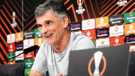 El entrenador del Sevilla FC, José Luis Mendilibar, en rueda de prensa de la Liga Europa.