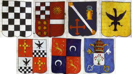 Escudos de la calle pamplonesa de San Antón. De izda. a dcha., arriba, Iribarren, Lorente, Monzón, Motza, Olazagutía, Ruiz de Murillo y Tabar