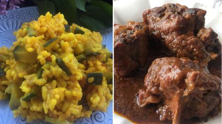 Arroz con cúrcuma y verduras y rabo de toro en salsa de sole