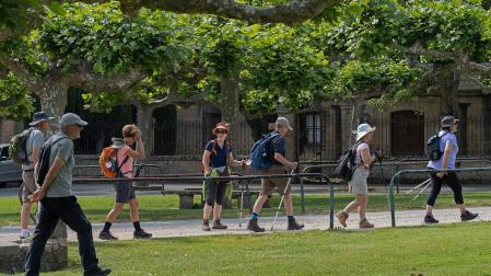 Un grupo de caminantes transita por el entorno del Monasterio de Irache, lugar muy concurrido con la llegada del buen tiempo