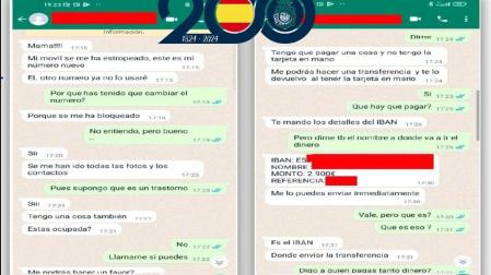 Mensajes de WhatsApp que envían los estafadores haciéndose pasar por un familiar y pidiendo el envío de dinero