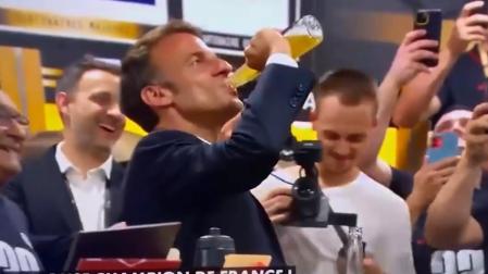 Captura del vídeo realizado al presidente de Francia, Emmanuel Macron, en la fiesta del título de la liga gala de rugby este domingo