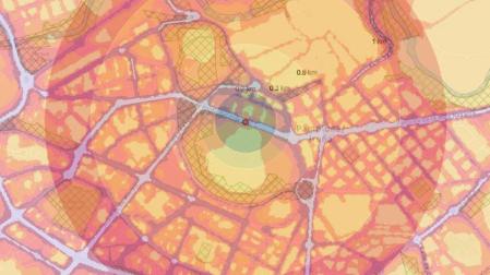 Imagen de una búsqueda realizada en la zona de Pamplona con el apartado Check your place, dentro de la aplicación del Atlas Europeo de Medioambiente y Salud