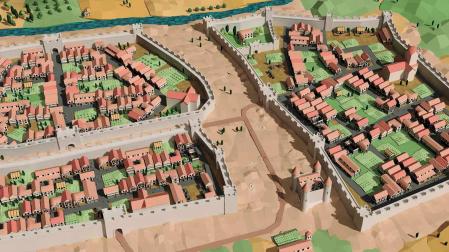 Una recreación de Iker Ibero de los tres burgos de Pamplona, el de San Nicolás en primer término; el de San Cernin arriba, y ea la derecha el de Navarrería, que fue prácticamente destruido en la guerra