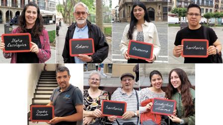 De izquierda a derecha, en la fila superior: Esther Beraza, Juan Jesús Aznárez, Maider Miranda y José Luis Flores. En la fila inferior: Vicente Caru, Trinidad Galán y Miguel Díaz, y Sofía Ballaz y Arantza Arrizurieta