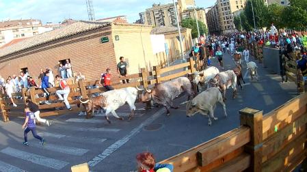 Encierro del 25 de julio de fiestas de Tudela, en la curva de acceso a la calle Almajares