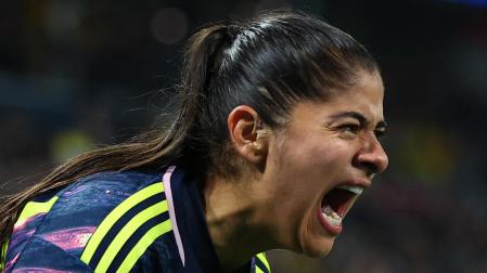 La colombiana Catalina Usme celebra el gol de su selección a Jamaica