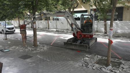 Un operario levanta el pavimento que rodea los alcorques de la plaza de la Cruz con un taladro neumático
