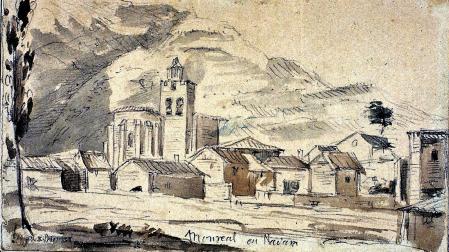 Valentín Carderera. Vista de Monreal, Navarra. Dibujo en papel, lápiz, tinta y aguada. C. 1861-1862. Fondo Carderera.