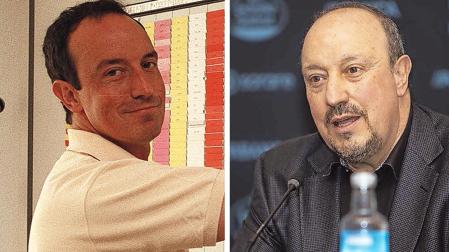 A la izquierda, Rafa Benítez en Tajonar. A la derecha, el técnico a sus 63 años