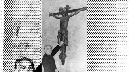 Javier Lorente, párroco en 1973 de Zizur Mayor, junto al crucificado.
