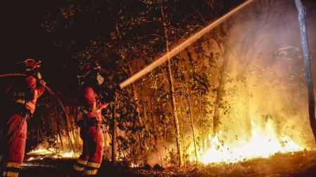 Efectivos de la UME en labores de extinción del incendio forestal que afecta a la isla de Tenerife, este sábado en las inmediaciones del municipio de Santa Úrsula