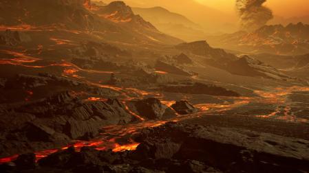 Representación artística de la superficie del planeta Su (Gliese 486b) a unos 430 °C, con un un paisaje similar al de Venus pero atravesado por flujos de lava resplandecientes