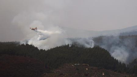 Un avión descarga agua sobre Guimar, en la isla de Tenerife
