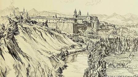 Muirhead y Gertrude Bone. “The River and Cathedral, Pamplona”. Detalle de una ilustración del libro “Old Spain”