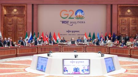 De izquierda a derecha, presidente de Sudáfrica, Cyril Ramaphosa; presidente de Turquía, Recep Tayyip Erdogan; primer ministro británico, Rishi Sunak; presidente estadounidense, Joe Biden; presidente de Indonesia, Joko Widodo; primer ministro indio, Narendra. Modi; presidente brasileño Luiz Inácio Lula da Silva; presidente argentino Alberto Fernández; y el primer Ministro australiano Anthony Albanese durante la Cumbre del G20 celebrada en Nueva Delhi