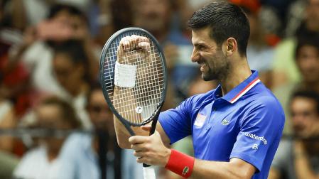 Gesto de celebración de Djokovic tras derrotar a Davidovich en la Copa David