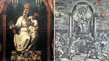 A la izquierda, trampantojo de Nuestra Señora de Roncesvalles, c. 1660; a la derecha, plancha para estampar grabados de la Virgen de Roncesvalles, c. 1685