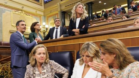 Montse Mínguez, en la parte superior de la imagen, junto a Patxi López y Pedro Sánchez en la bancada socialista