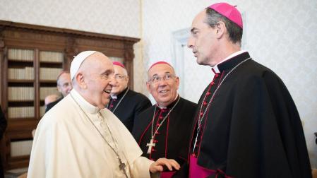 El papa Francisco con el obispo Bustillo en un reciente encuentro con arzobispos de Francia