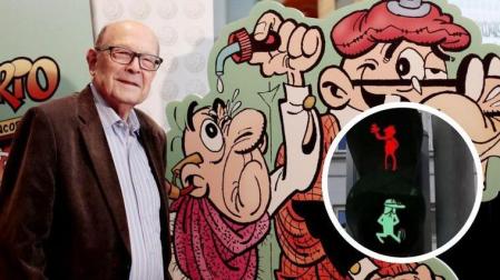 Francisco Ibáñez, con los dos agentes más ilustres del tebeo español y su semáforo