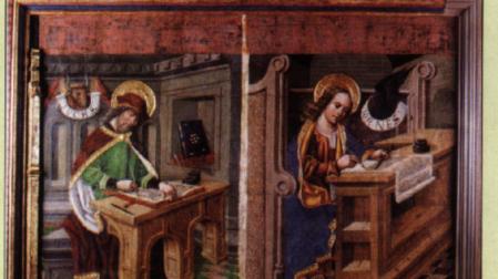Detalle de dos de los cuatro evangelistas (Lucas y Juan) del retablo de la iglesia de Nagore.