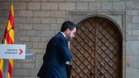 El presidente de la Generalitat, Pere Aragonès, al salir de una rueda de prensa tras la reunión del Govern