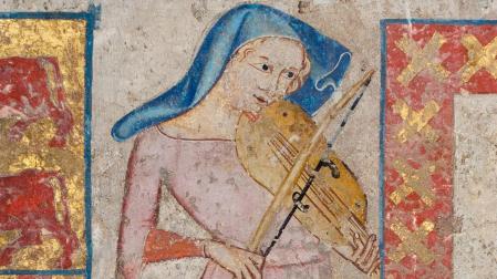 Juglaresa tañendo una viola de arco. Mural de la Pasión (1330) de Juan Oliver para el refectorio de la catedral de Pamplona.