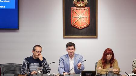 El secretario de la comisión de Peticiones, Mikel Zabaleta; el nuevo presidente Ibai Crespo, del PSN, y la vicepresidenta Maite Nosti, de Vox.