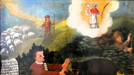 Exvoto de Ramón de Goñi, ante san Ramón Nonato tras ser atacado por un oso. 1743. Colección particular.