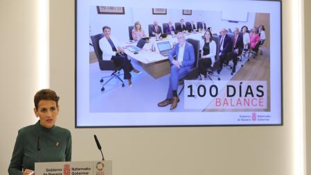 La presidenta Chivite, durante su comparecencia por los 100 primeros días de legislatura