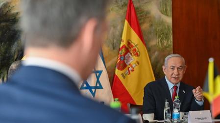 Pedro Sánchez, durante su encuentro con Benjamin Netanyahu