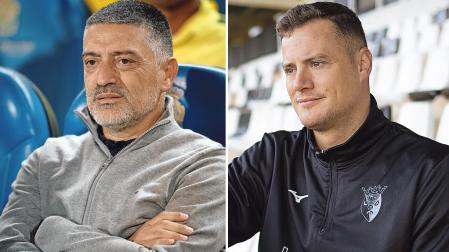 A la izda., el entrenador de Las Palmas, Xavi García Pimienta. A la dcha., el técnico del Tudelano, Oriol Riera./