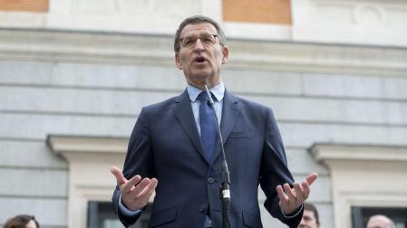 El presidente del Partido Popular, Alberto Núñez Feijóo, atiende a medios a su llegada al acto de homenaje a la Constitución, en el Congreso de los Diputados