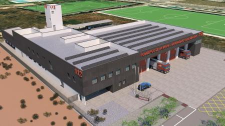 Recreación del nuevo parque comarcal de bomberos que va a comenzar a construirse en Tafalla en 2024 junto a la zona deportiva