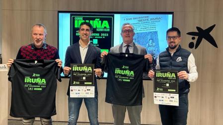 Joseba Arangay, presidente del Beste Iruña, club organizador de la prueba; Xabier Larraya, subdirector del Instituto Navarro de Deporte; Miguel Navarrete, director del Centro de Instituciones de la Territorial Ebro de CaixaBank; y Rodrigo Domínguez presidente de la Federación Navarra de Atletismo