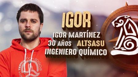 Cartel de presentación del concursante Igor Martínez que ha difundido ETB con el motivo del inicio de una nueva edición de El Conquistador