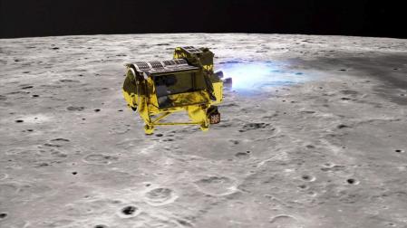 Recreación de la sonda SLIM (Smart Lander for Investigating Moon) de Japón navegando sobre la Luna