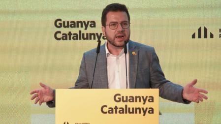 El presidente de la Generalitat de Catalunya, Pere Aragonés, interviene durante el Consell Nacional de ERC, este sábado en Barcelona