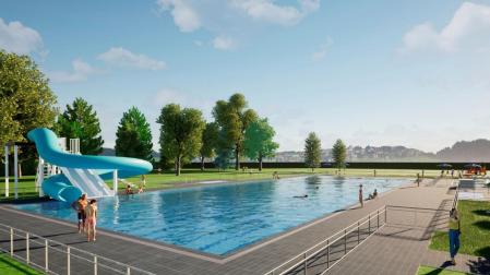 Recreación de la piscina olímpica de Peralta tras su reforma, que incluirá la colocación de nuevo vallado y una zona de toboganes.