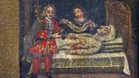 Nacimiento de san Ramón Nonato en el lienzo de la doble visión en la Parroquia de Arellano, comienzos del siglo XVIII.