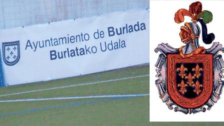 A la derecha, escudo en la lona municipal del campo de fútbol; a la izquierda, escudo oficial de Burlada con el yelmo