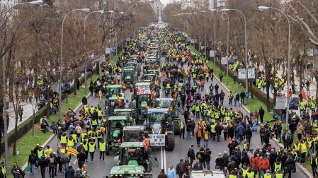 Paseo de la Castellana en Madrid repleto de tractores y manifestantes agricultores y ganaderos