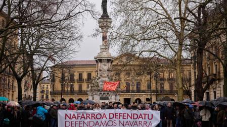 Los participantes en la concentración, tras la pancarta con el lema Defendamos Navarra