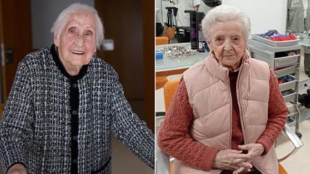 Carmen Velázquez (izquierda)101 años, se desplaza con su andador por los pasillos de la residencia. A la derecha, Blanca Sardina tras su sesión de peluquería y manicura de los jueves