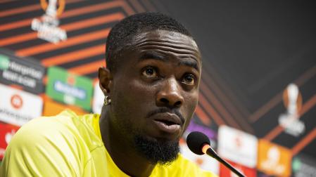 El defensa del Villarreal, Eric Bailly, durante la rueda de prensa previa al choque de vuelta de Europa League contra el Marsella./