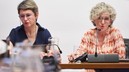 Nancy Gonzalo, directora de Asistencia Sanitaria, y Susana Miranda, gerente de Atención Primaria, en el Parlamento foral.